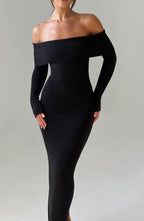 Women's Bardot Knit Maxi Dress with Long Sleeves and Bodycon Fit - 5