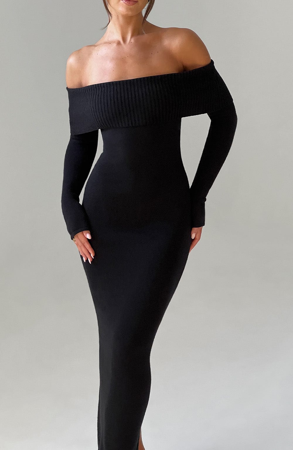 Women's Bardot Knit Maxi Dress with Long Sleeves and Bodycon Fit - 5
