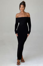 Women's Bardot Knit Maxi Dress with Long Sleeves and Bodycon Fit - 8