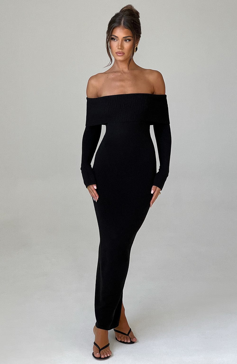 Women's Bardot Knit Maxi Dress with Long Sleeves and Bodycon Fit - 8