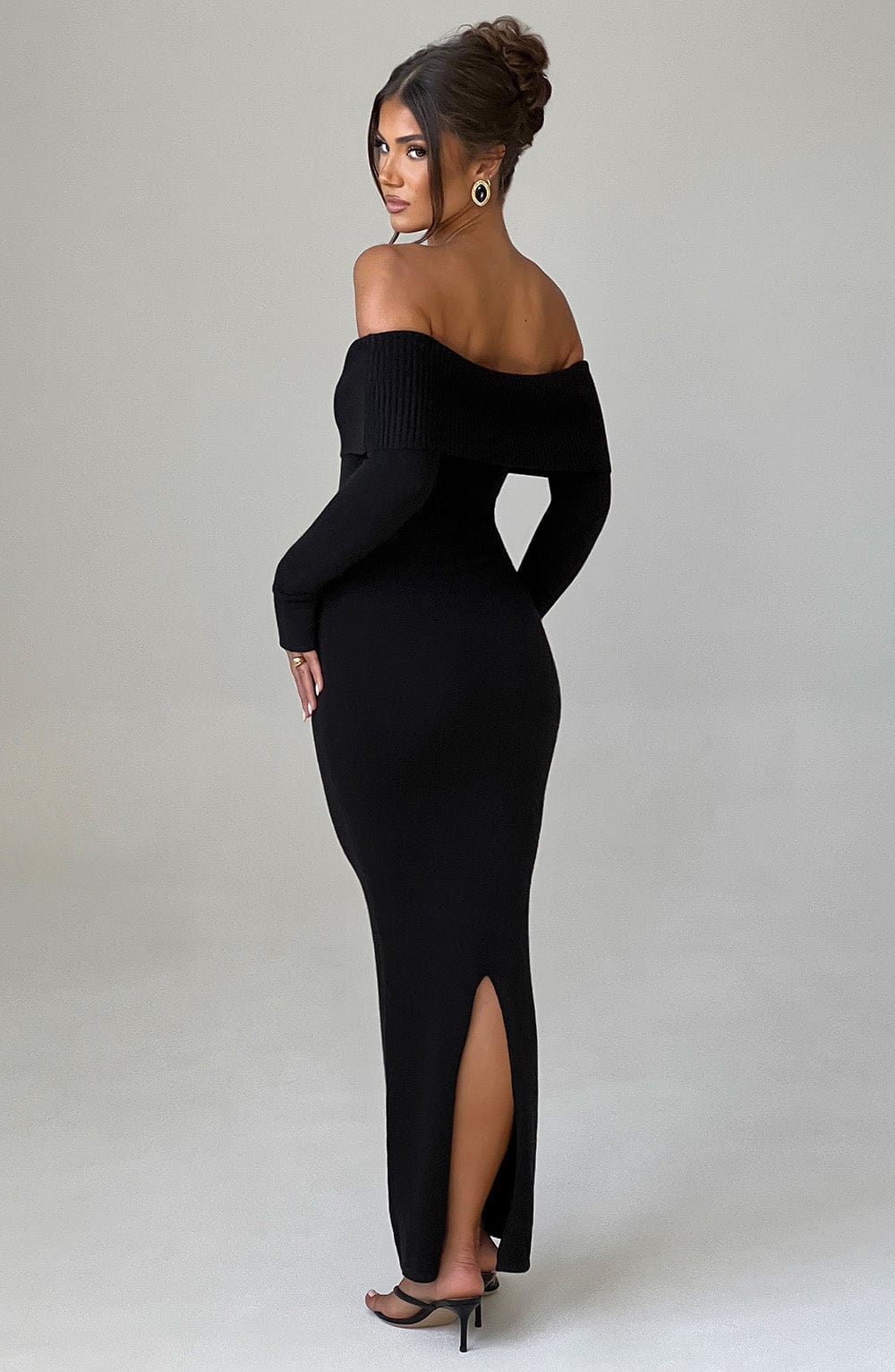 Women's Bardot Knit Maxi Dress with Long Sleeves and Bodycon Fit - 6
