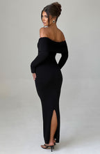 Women's Bardot Knit Maxi Dress with Long Sleeves and Bodycon Fit - 6