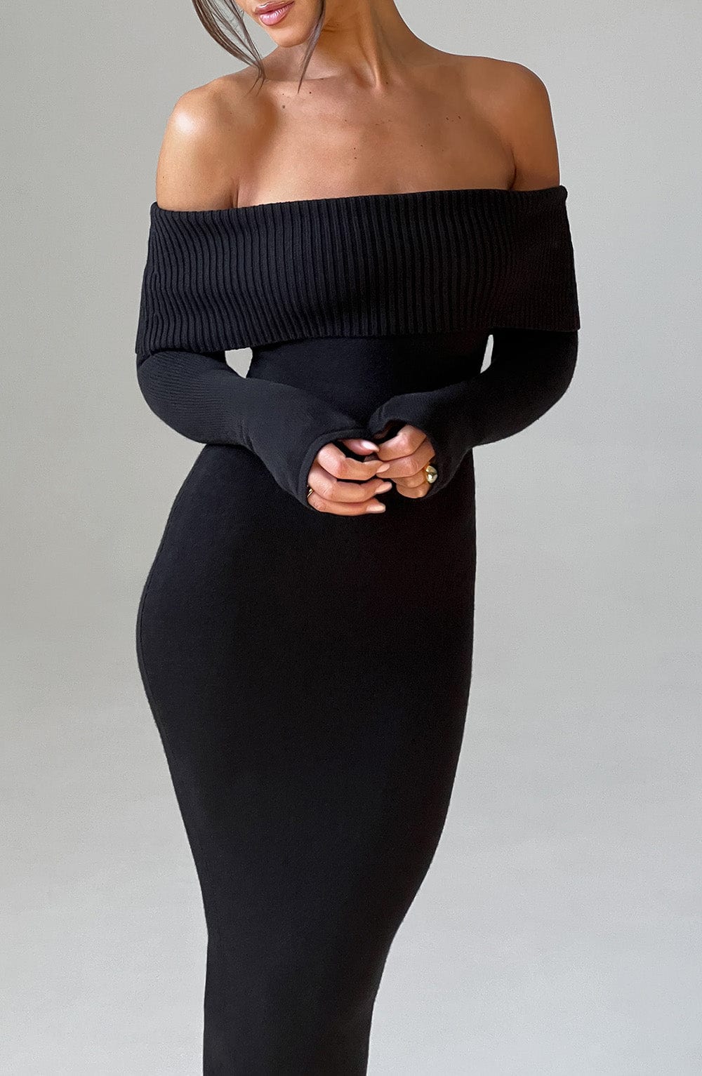 Women's Bardot Knit Maxi Dress with Long Sleeves and Bodycon Fit - 9
