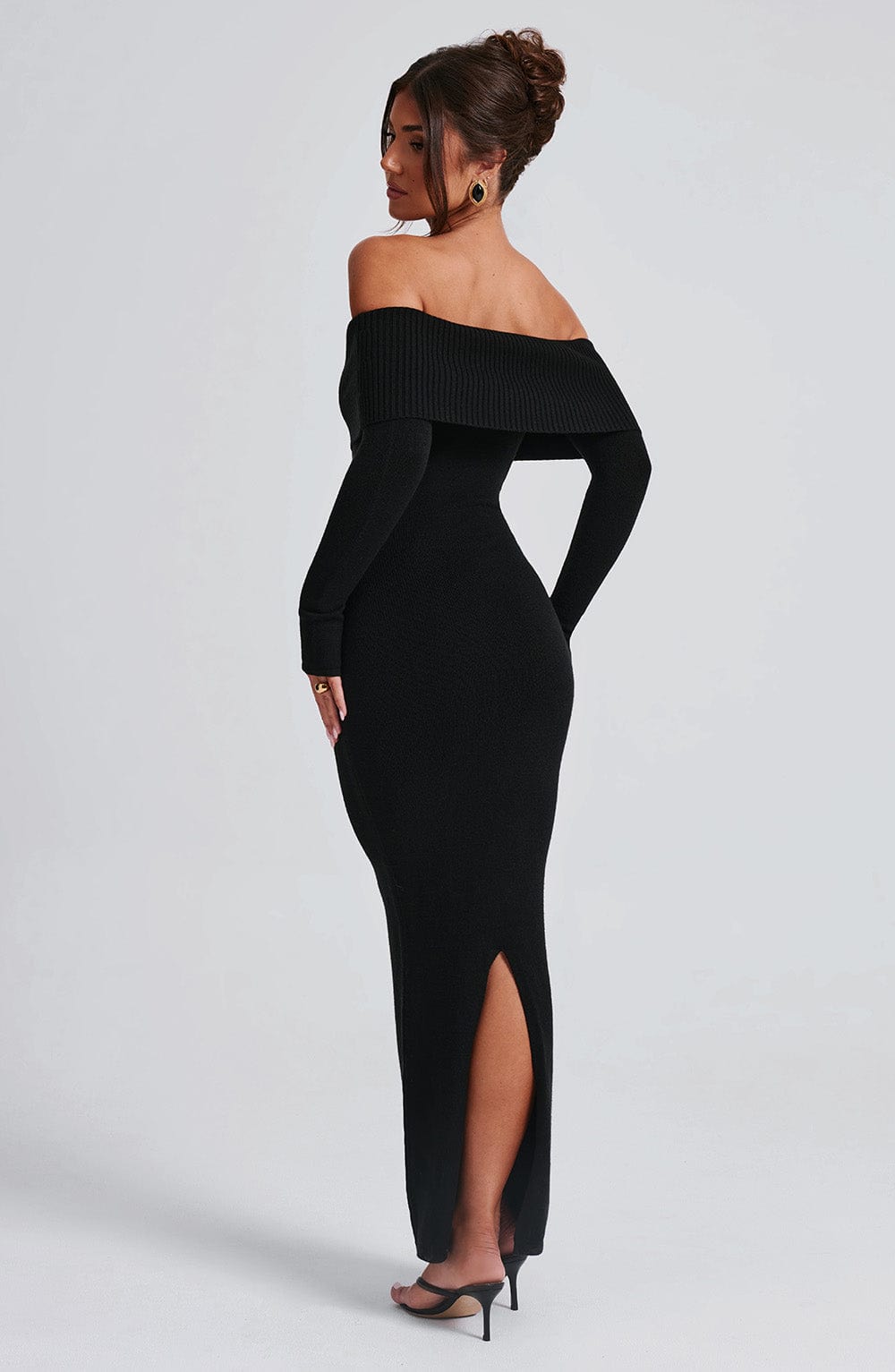 Women's Bardot Knit Maxi Dress with Long Sleeves and Bodycon Fit - 11