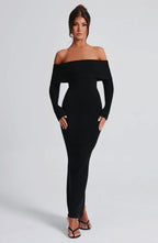 Women's Bardot Knit Maxi Dress with Long Sleeves and Bodycon Fit - 2