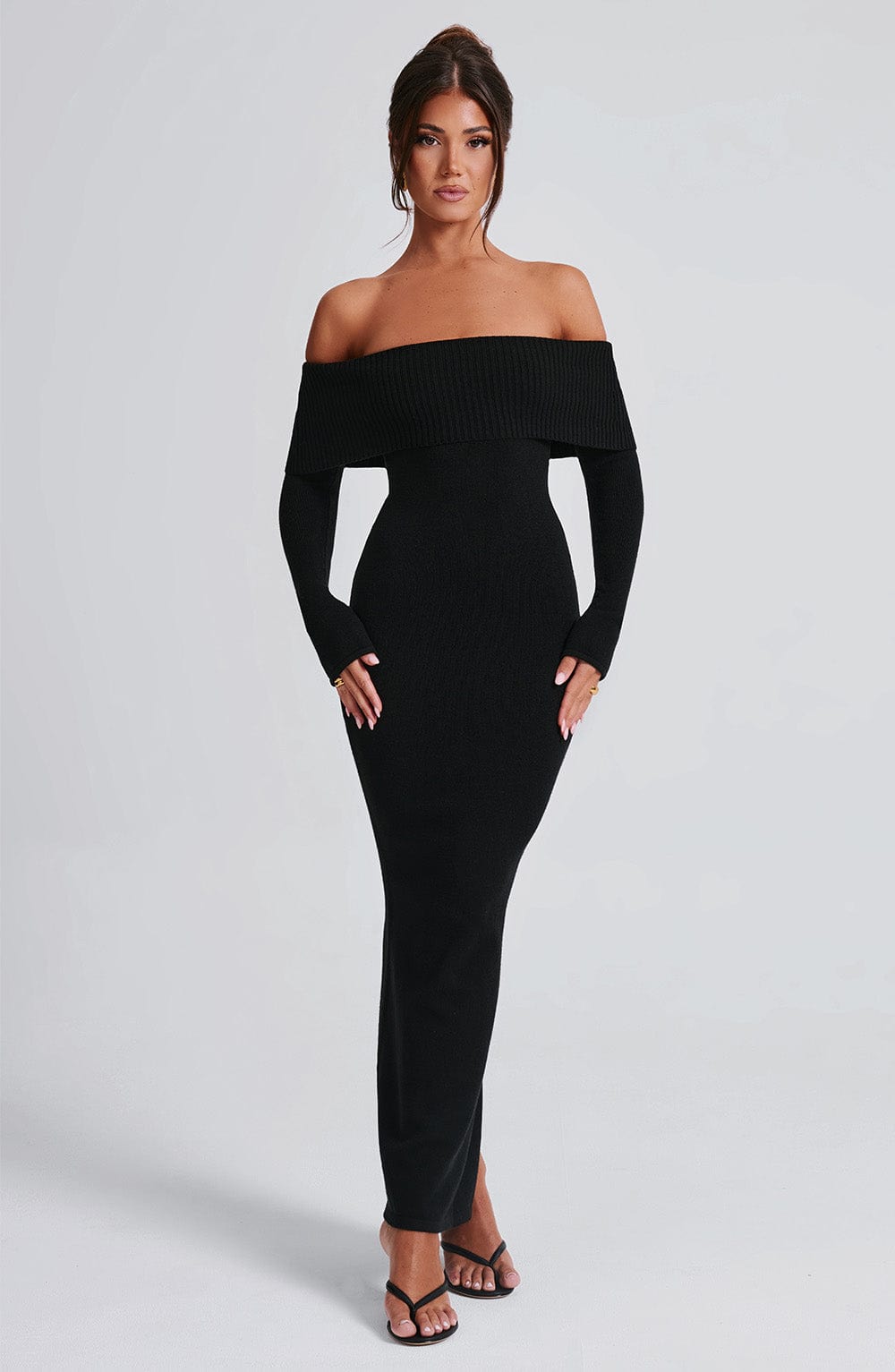 Women's Bardot Knit Maxi Dress with Long Sleeves and Bodycon Fit - 2