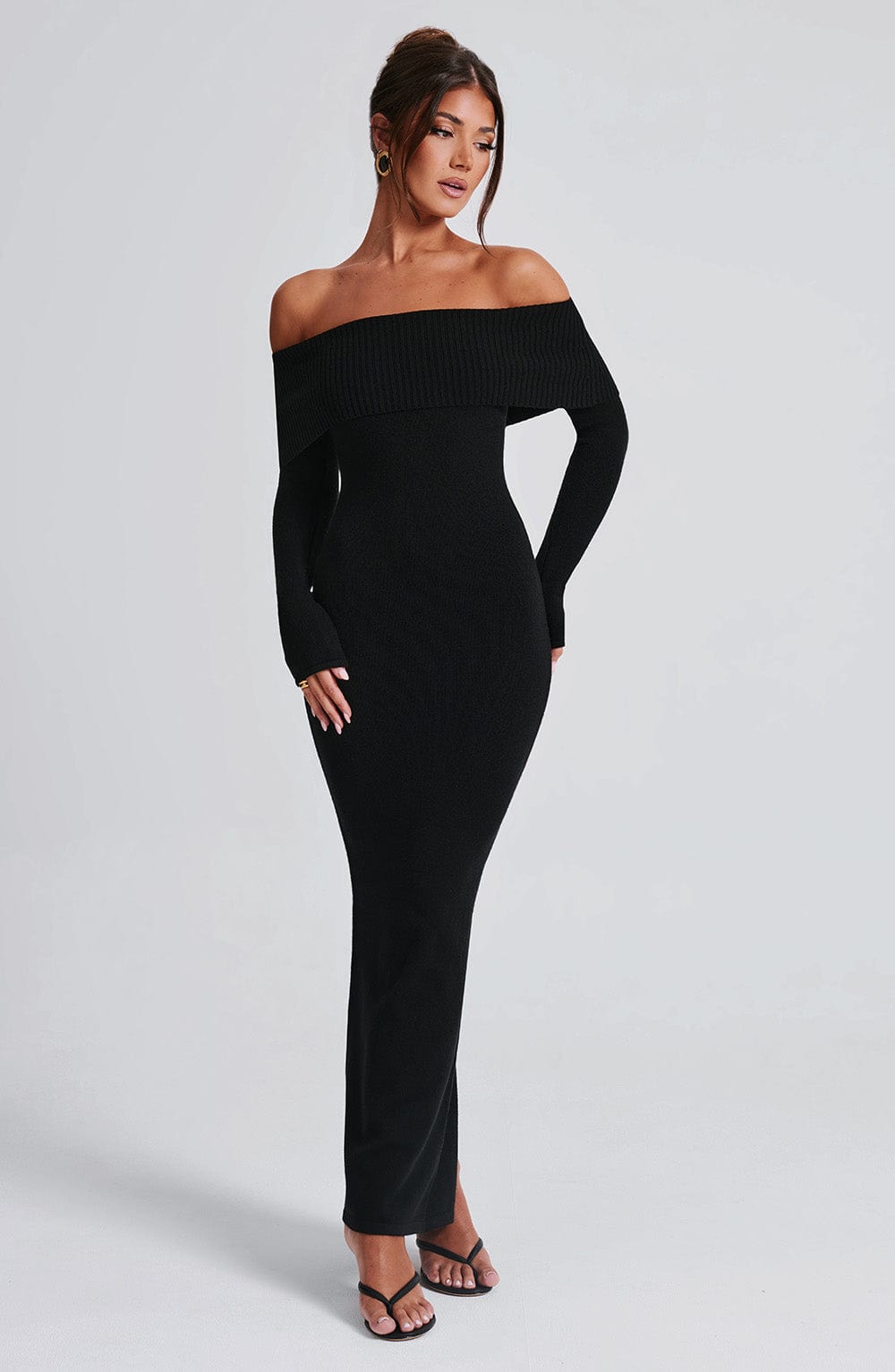 Women's Bardot Knit Maxi Dress with Long Sleeves and Bodycon Fit - 12