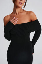 Women's Bardot Knit Maxi Dress with Long Sleeves and Bodycon Fit - 7
