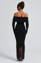 Women's Bardot Knit Maxi Dress with Long Sleeves and Bodycon Fit - 10