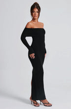 Women's Bardot Knit Maxi Dress with Long Sleeves and Bodycon Fit - 3