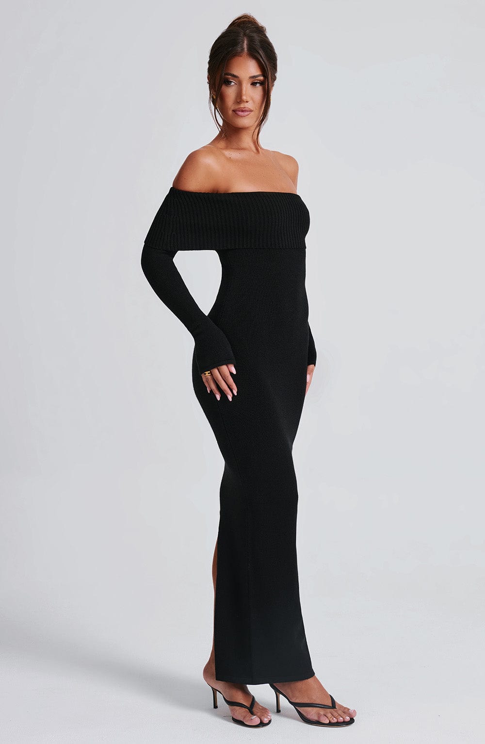 Women's Bardot Knit Maxi Dress with Long Sleeves and Bodycon Fit - 3