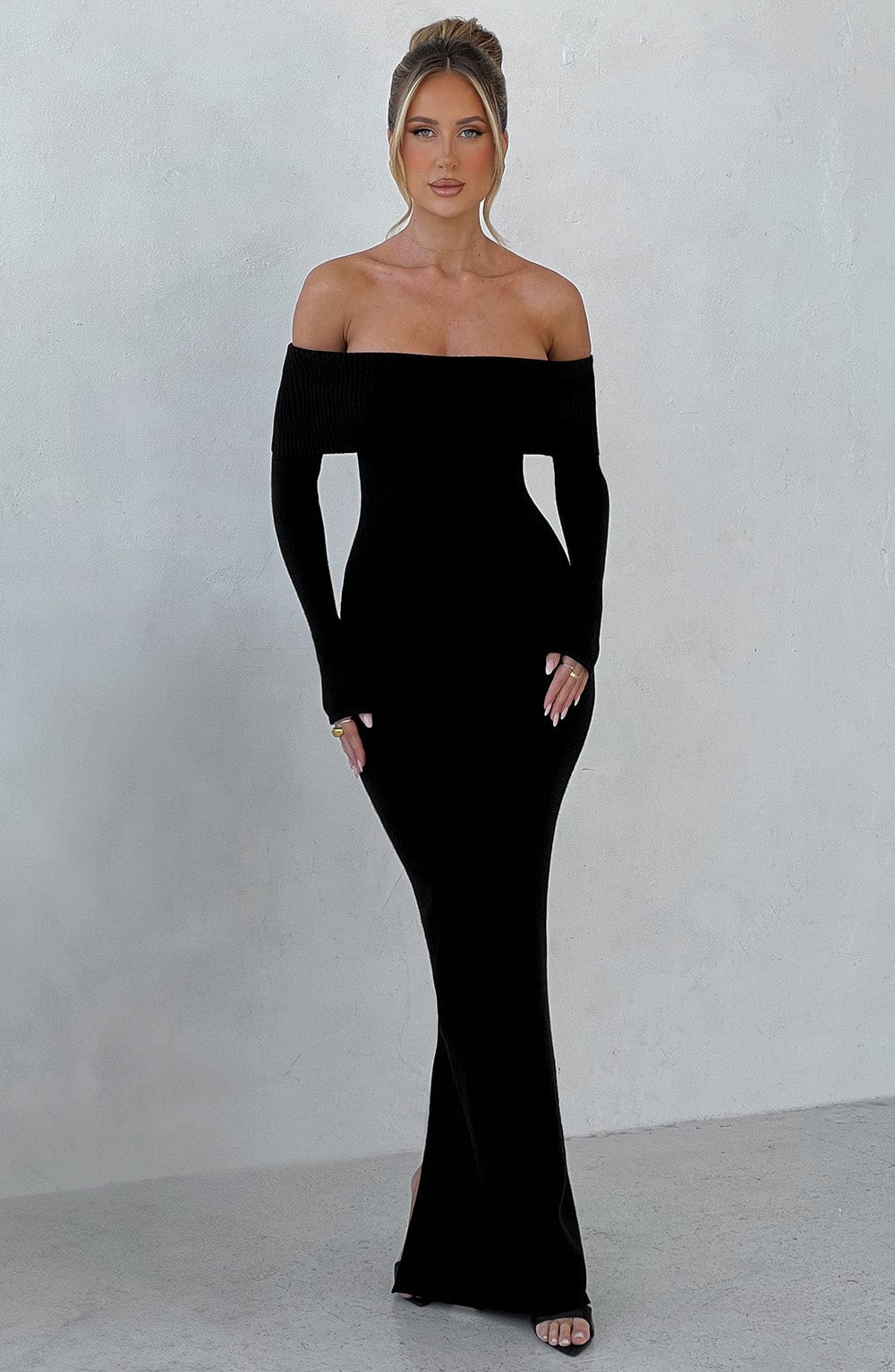 Women's Bardot Knit Maxi Dress with Long Sleeves and Bodycon Fit - 4