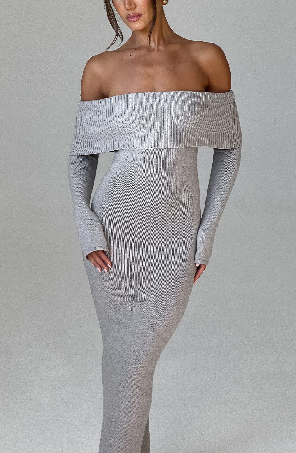 Women's Bardot Knit Maxi Dress with Long Sleeves and Bodycon Fit - 7