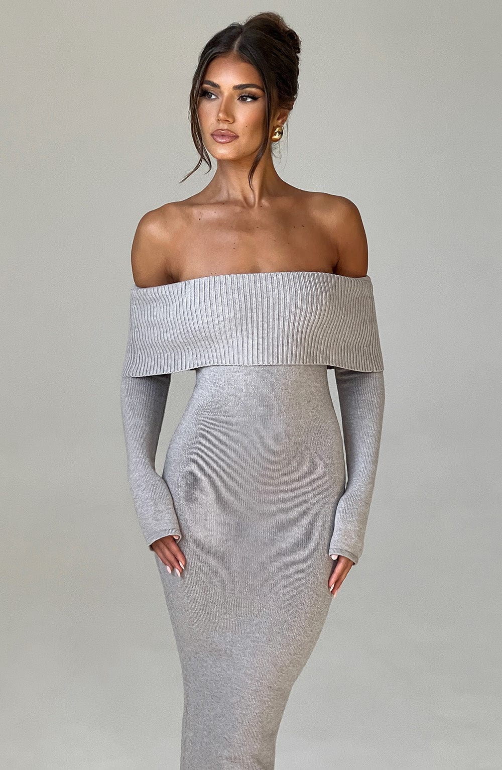 Women's Bardot Knit Maxi Dress with Long Sleeves and Bodycon Fit - 13