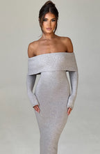 Women's Bardot Knit Maxi Dress with Long Sleeves and Bodycon Fit - 8