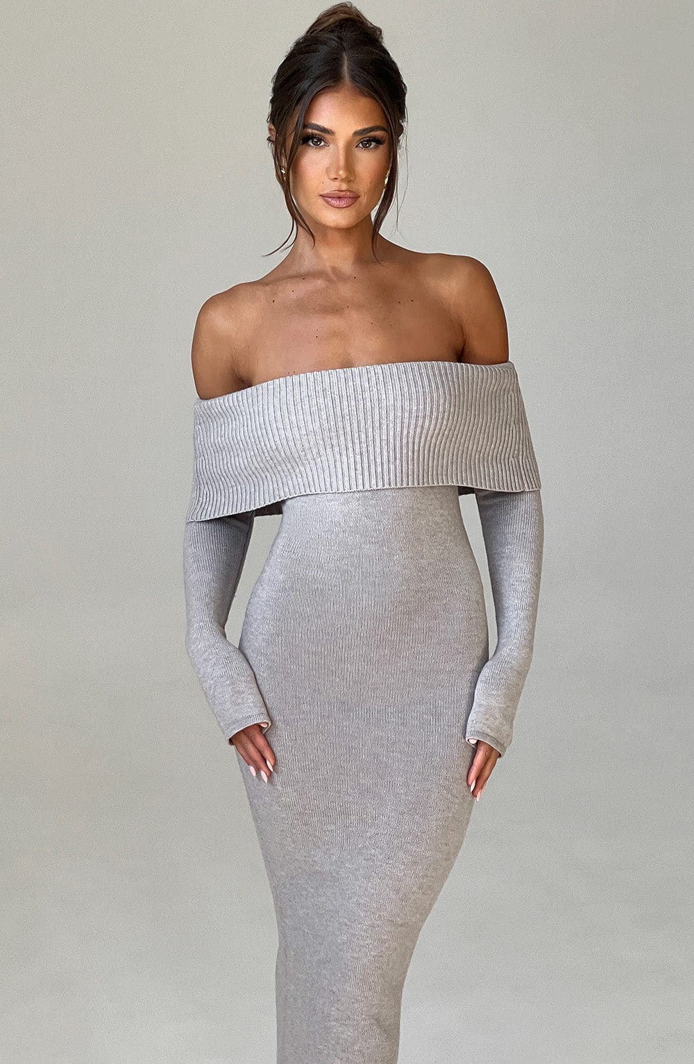 Women's Bardot Knit Maxi Dress with Long Sleeves and Bodycon Fit - 8