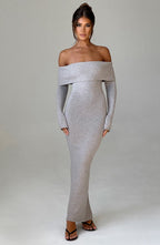 Women's Bardot Knit Maxi Dress with Long Sleeves and Bodycon Fit - 5