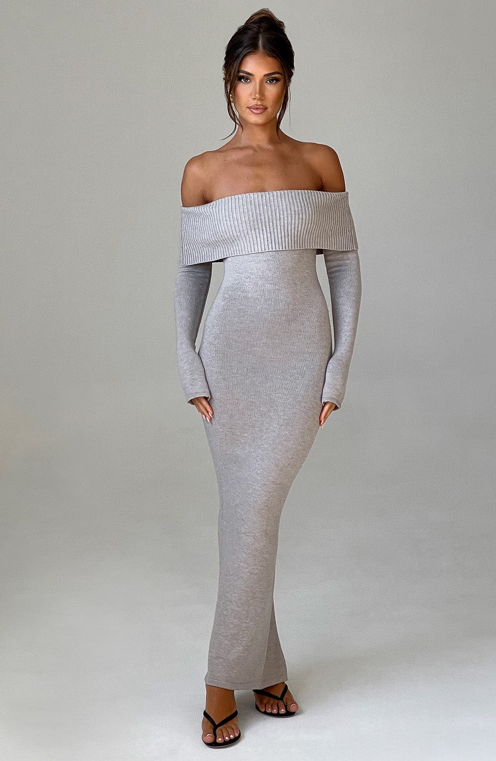 Women's Bardot Knit Maxi Dress with Long Sleeves and Bodycon Fit - 5