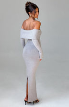 Women's Bardot Knit Maxi Dress with Long Sleeves and Bodycon Fit - 6