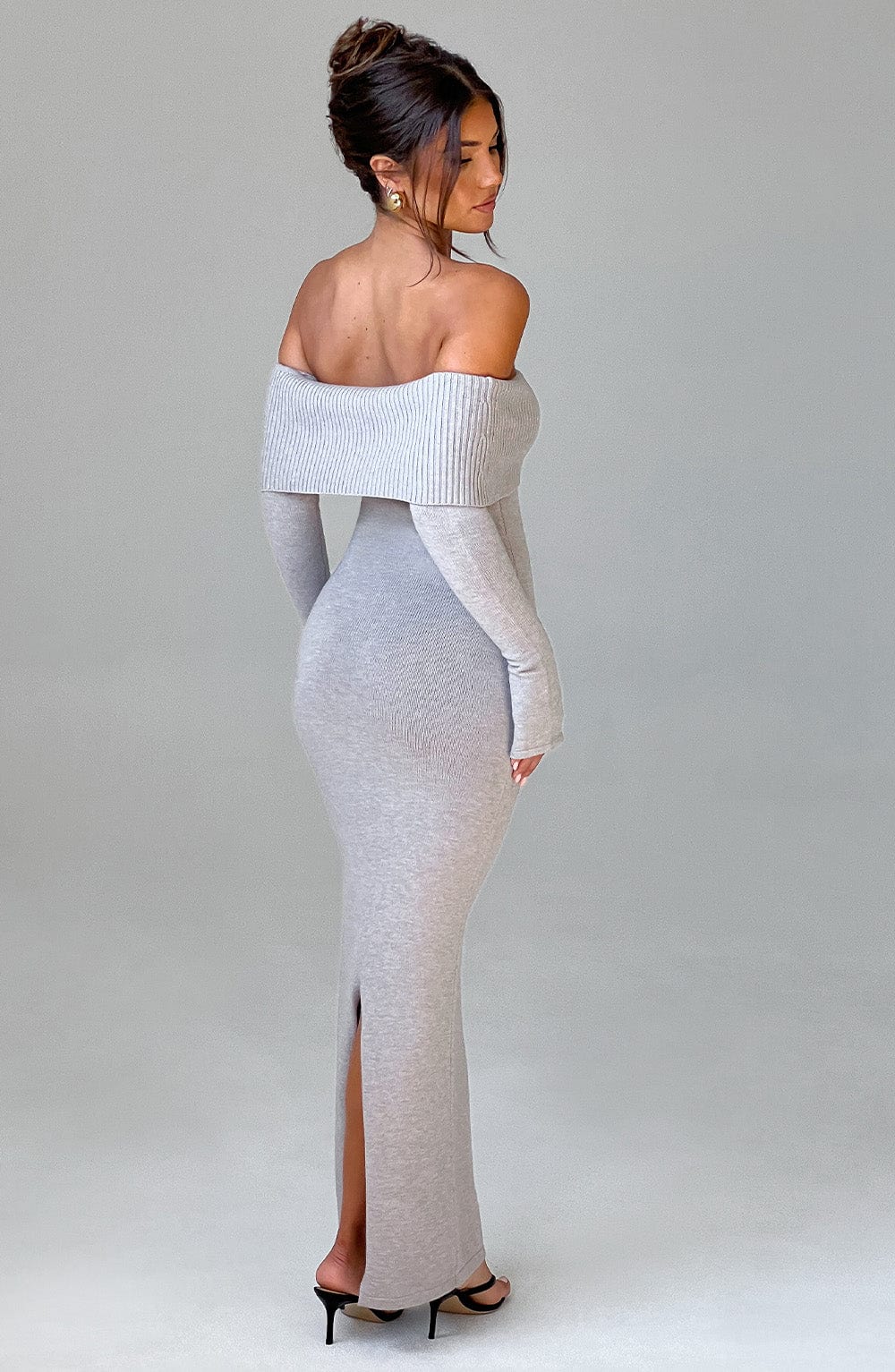 Women's Bardot Knit Maxi Dress with Long Sleeves and Bodycon Fit - 6