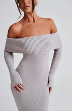 Women's Bardot Knit Maxi Dress with Long Sleeves and Bodycon Fit - 9