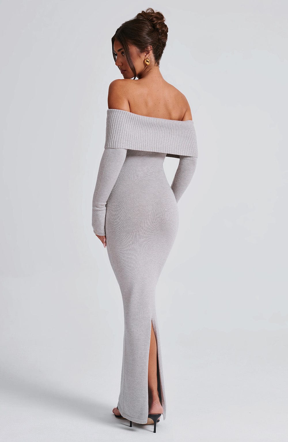 Women's Bardot Knit Maxi Dress with Long Sleeves and Bodycon Fit - 3