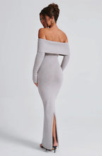 Women's Bardot Knit Maxi Dress with Long Sleeves and Bodycon Fit - 3