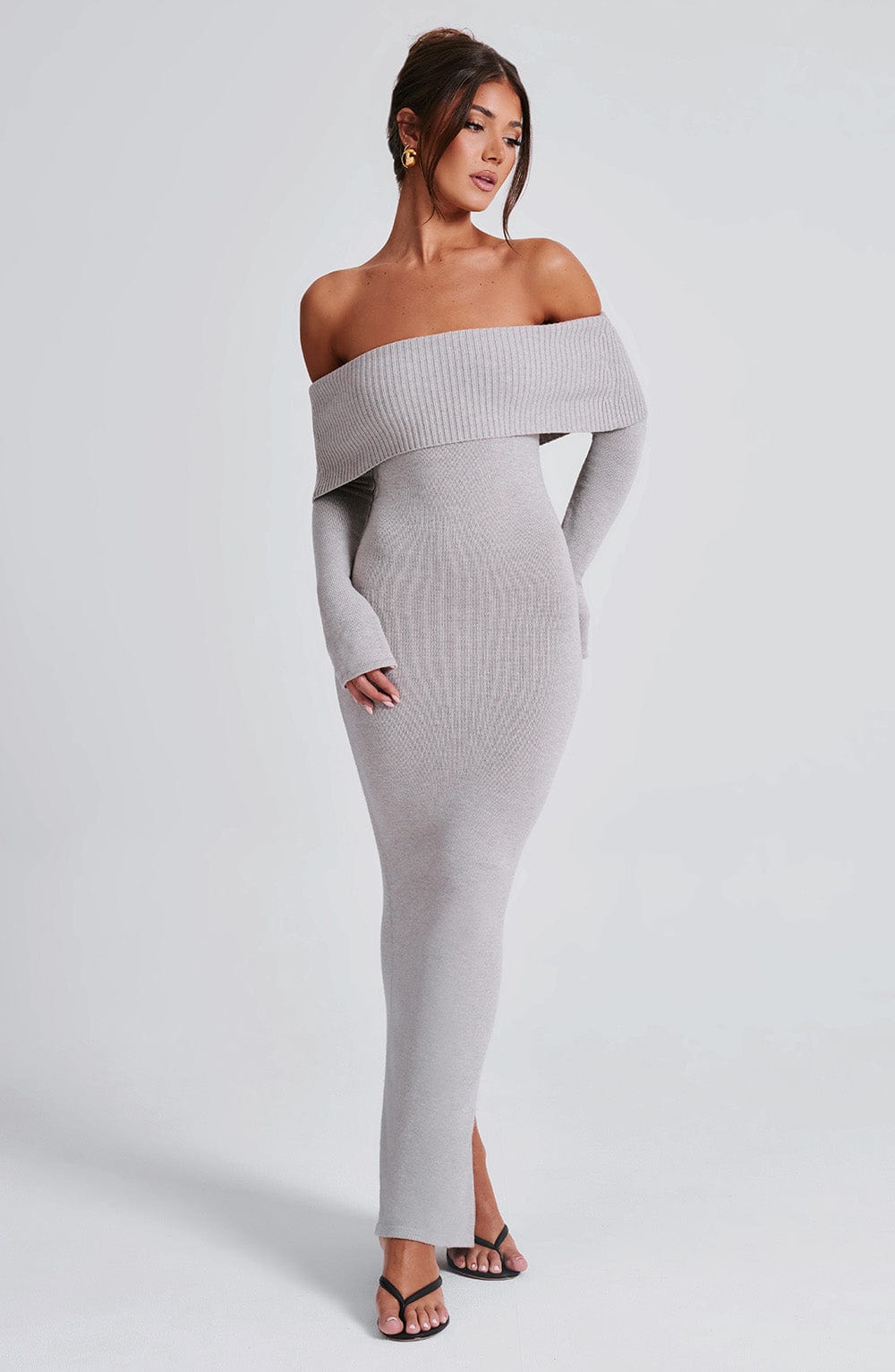 Women's Bardot Knit Maxi Dress with Long Sleeves and Bodycon Fit - 12