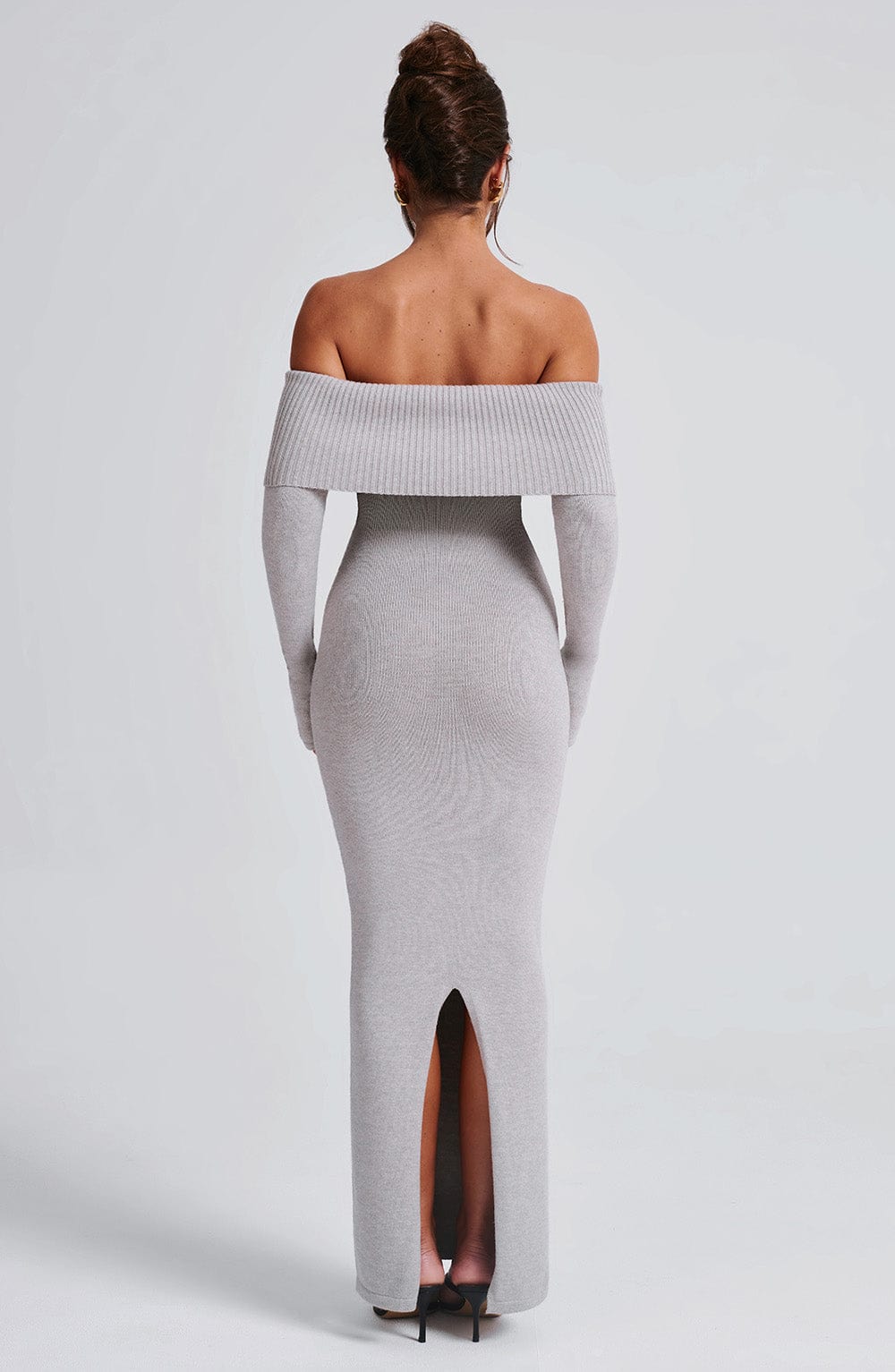 Women's Bardot Knit Maxi Dress with Long Sleeves and Bodycon Fit - 11