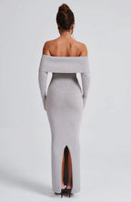 Women's Bardot Knit Maxi Dress with Long Sleeves and Bodycon Fit - 11