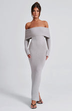 Women's Bardot Knit Maxi Dress with Long Sleeves and Bodycon Fit - 2