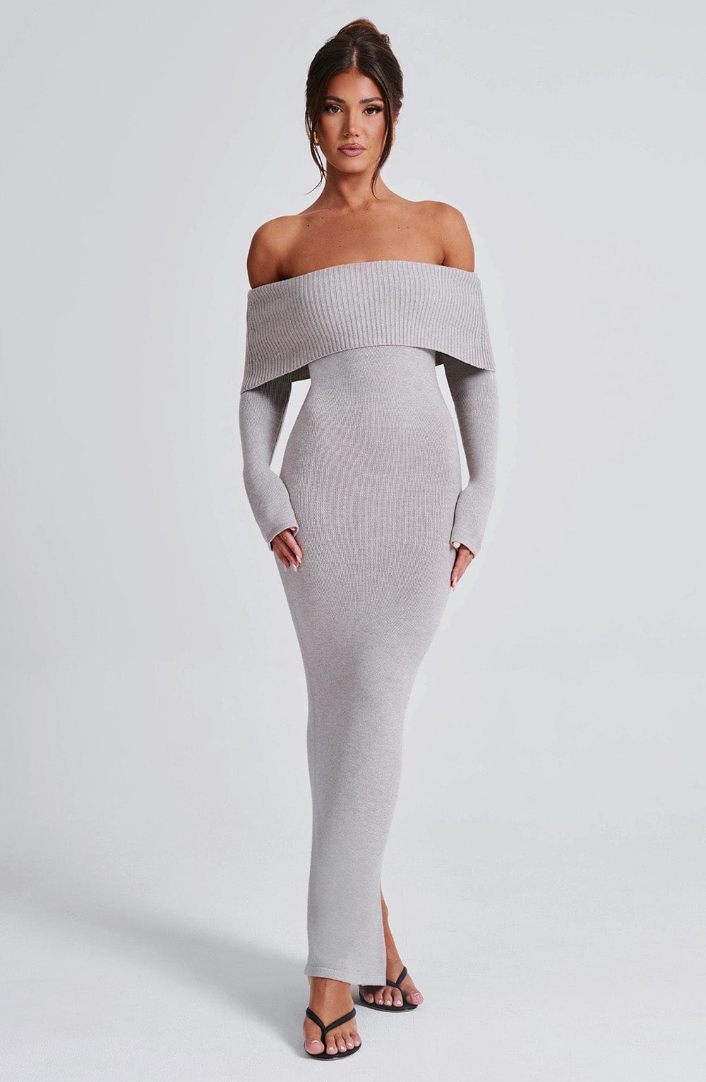 Women's Bardot Knit Maxi Dress with Long Sleeves and Bodycon Fit - 2