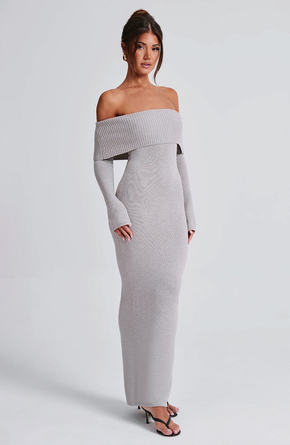 Women's Bardot Knit Maxi Dress with Long Sleeves and Bodycon Fit - 10