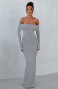 Women's Bardot Knit Maxi Dress with Long Sleeves and Bodycon Fit - 4