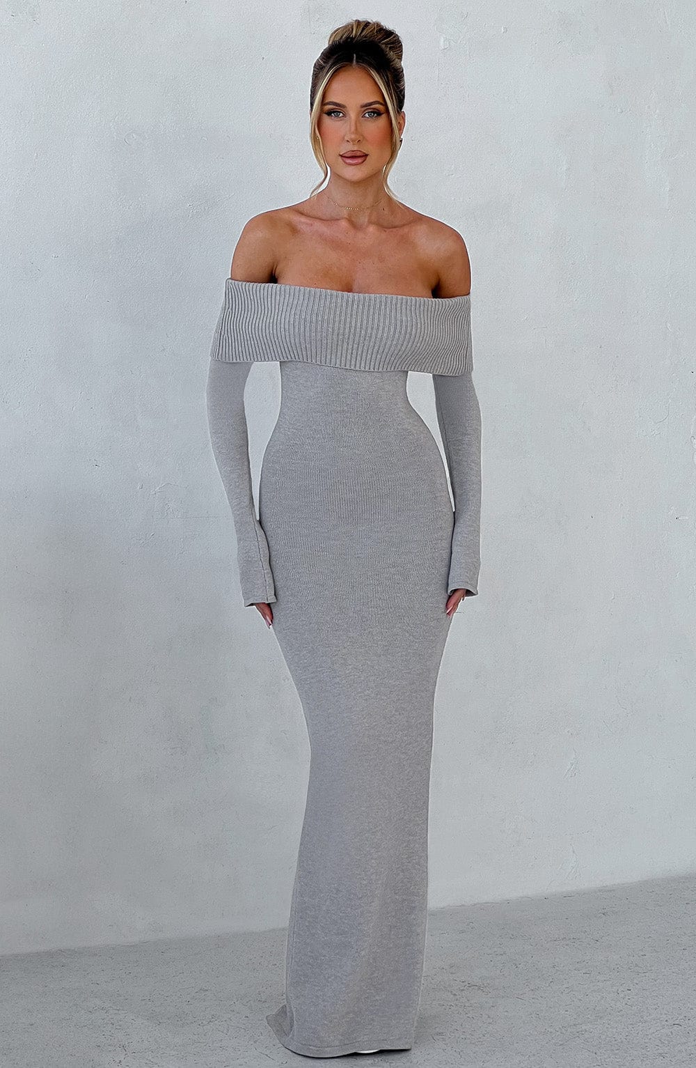 Women's Bardot Knit Maxi Dress with Long Sleeves and Bodycon Fit - 4