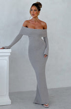 Women's Bardot Knit Maxi Dress with Long Sleeves and Bodycon Fit - 14
