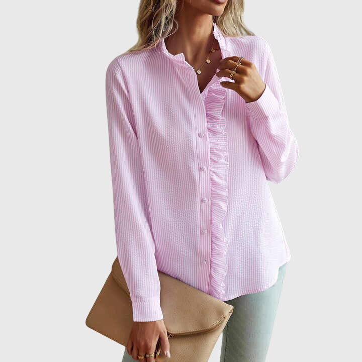 Women's Long Sleeve Blouse with Ruffle Trim and Button Front - 9