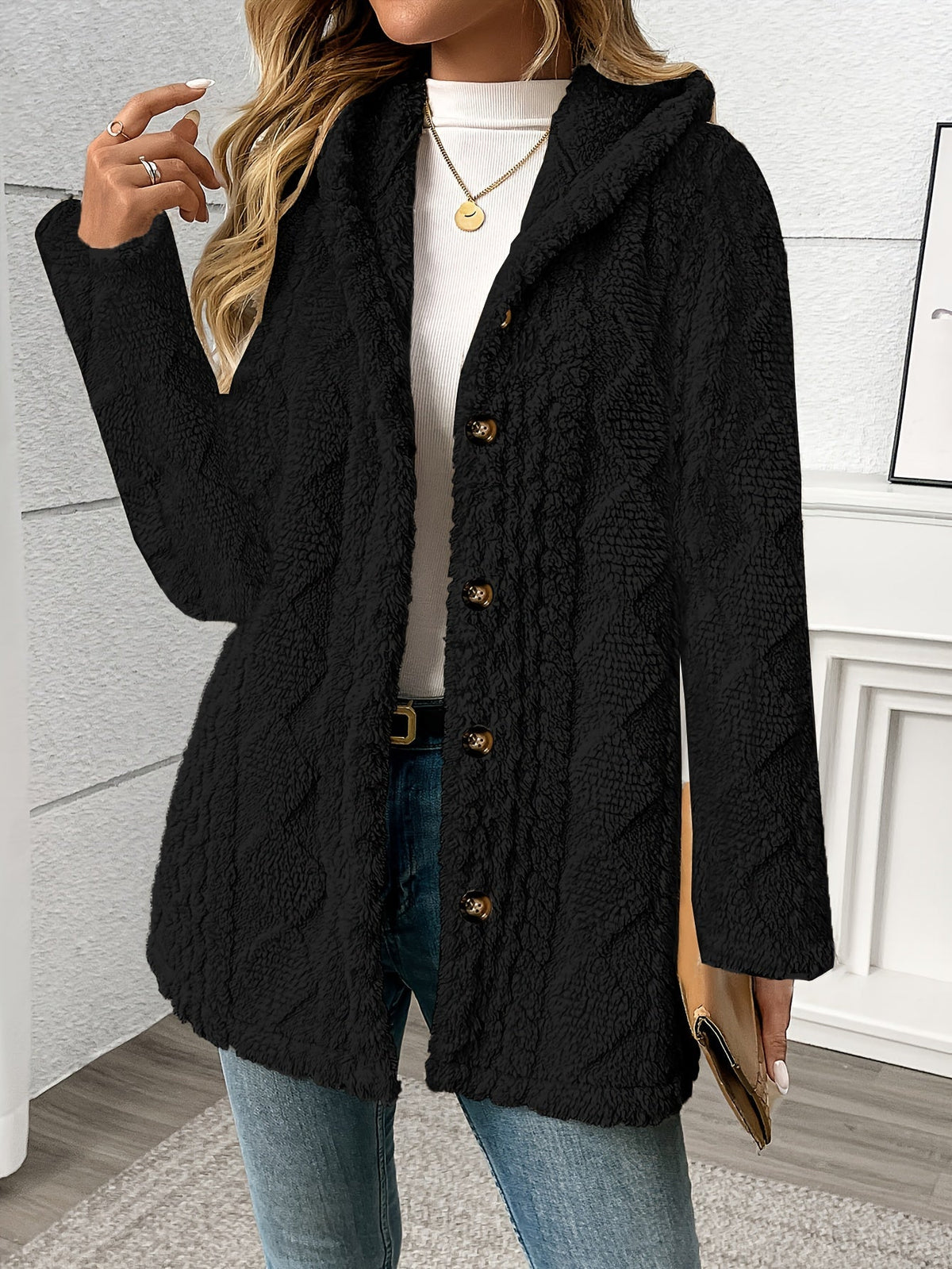 Women's Textured Button-Front Coat Relaxed Fit - 4