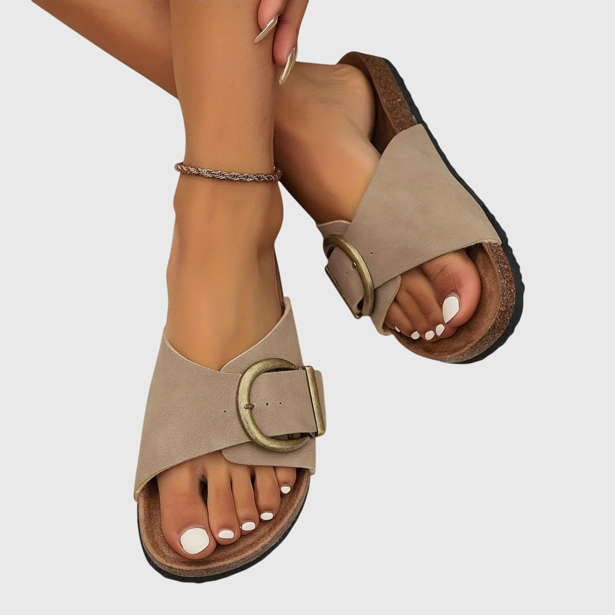 Women's Sandals with Adjustable Buckle and Contoured Footbed - Khaki