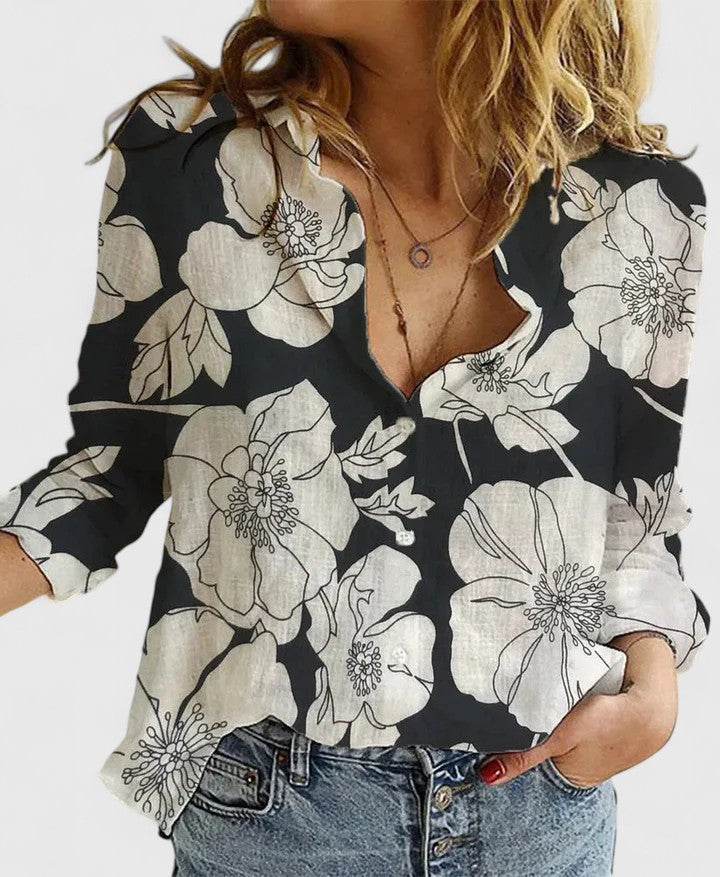 Women's Button-Down Shirt with Lapel Collar and Long Sleeves - Black 2