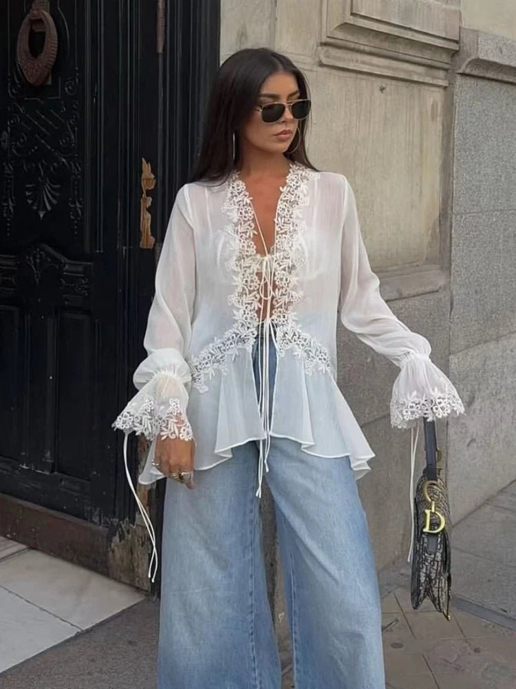 Women's Lace-Trim Cardigan Top with Flare Sleeves and V-Neck - 2