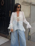 Women's Lace-Trim Cardigan Top with Flare Sleeves and V-Neck - 2