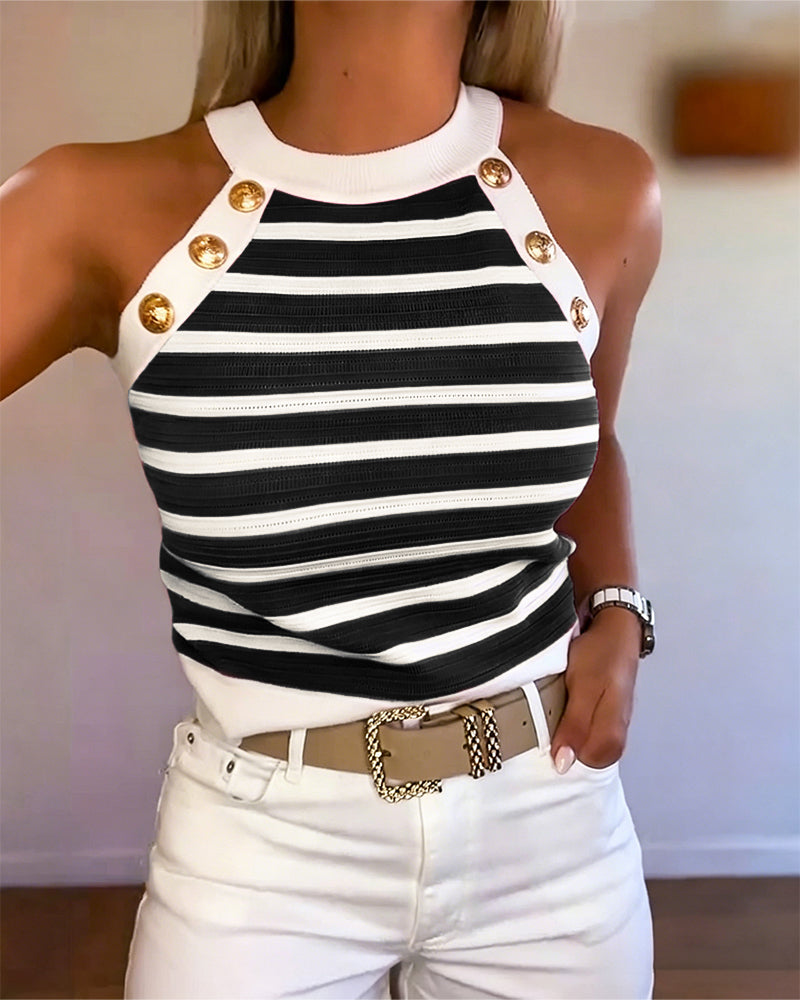 Women's Halter Tank Top Sleeveless with Striped Knit and Button Detail - 11