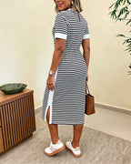 Women's Striped Midi T-Shirt Dress with Side Slit and Pockets - 8