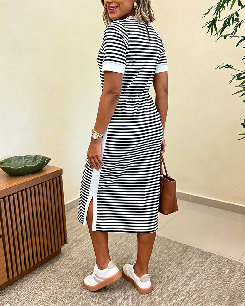 Women's Striped Midi T-Shirt Dress with Side Slit and Pockets - 8