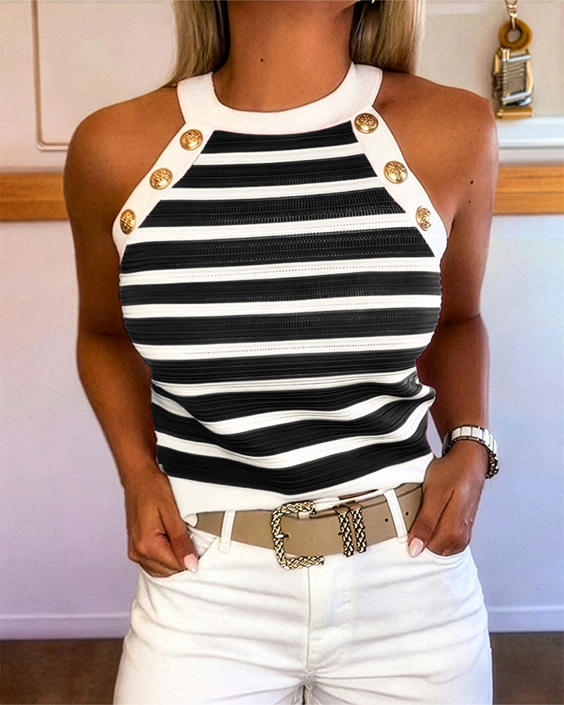 Women's Halter Tank Top Sleeveless with Striped Knit and Button Detail - Black