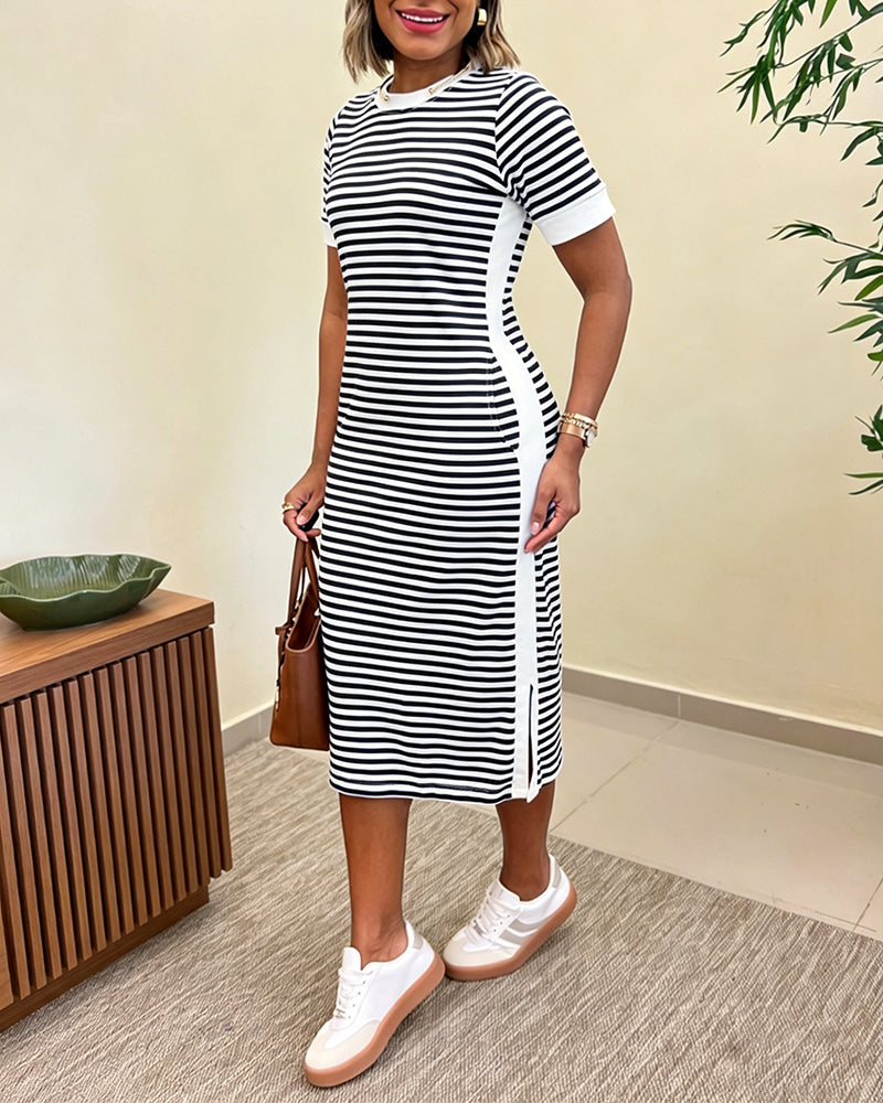 Women's Striped Midi T-Shirt Dress with Side Slit and Pockets - 11
