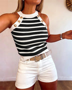 Women's Halter Tank Top Sleeveless with Striped Knit and Button Detail - 13