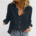 Women's Button-Down Shirt with Lapel Collar and Long Sleeves - Black