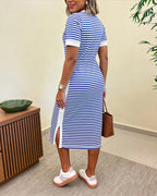 Women's Striped Midi T-Shirt Dress with Side Slit and Pockets - 3